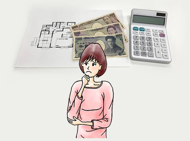紙幣と計算機などを前に申込金について考える女性のイラスト
